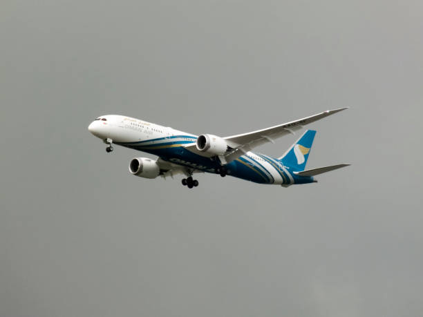 London, UK - July 13, 2018: Oman Air Boeing 787-9 Dreamliner A40-SF approaching Heathrow airport