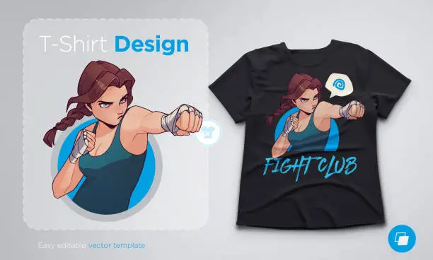 Vector illustration of T-shirt design with angry boxing girl with boxing bandages. Anime style illustration