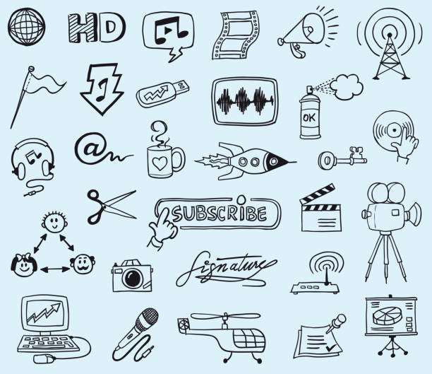 Communication and Media Doodles Vector illustration with a collection of fun Communication and Media Doodles film drawings stock illustrations