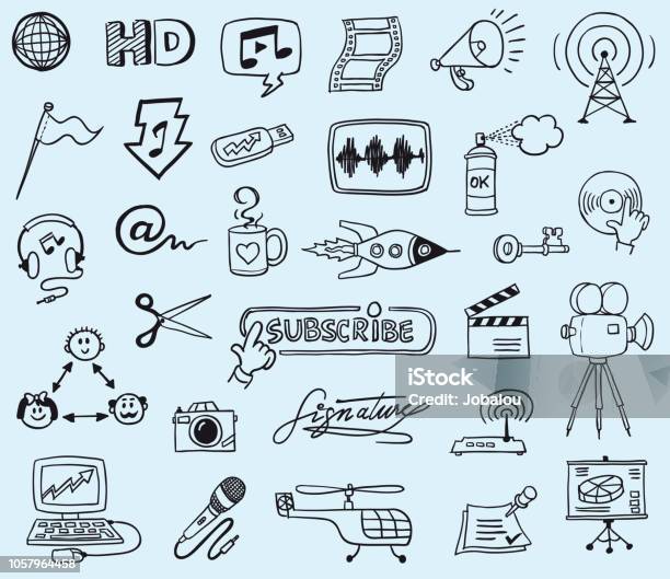 Communication And Media Doodles Stock Illustration - Download Image Now - Doodle, Drawing - Art Product, Movie