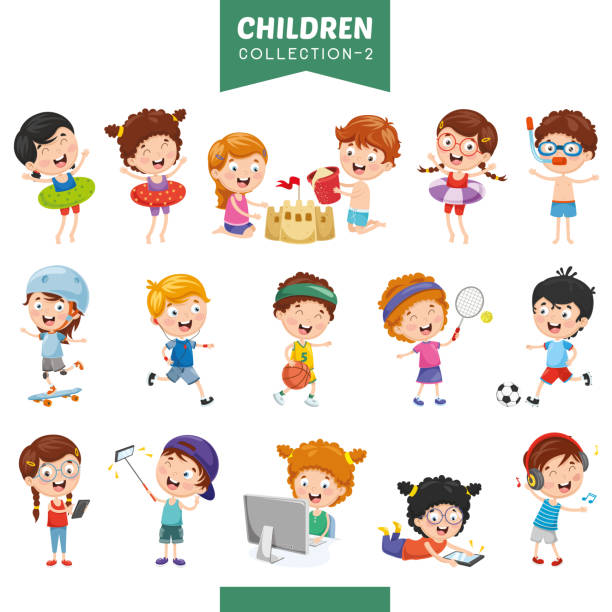 ilustraciones, imágenes clip art, dibujos animados e iconos de stock de vector ilustración de dibujos animados niños - tennis child childhood sport