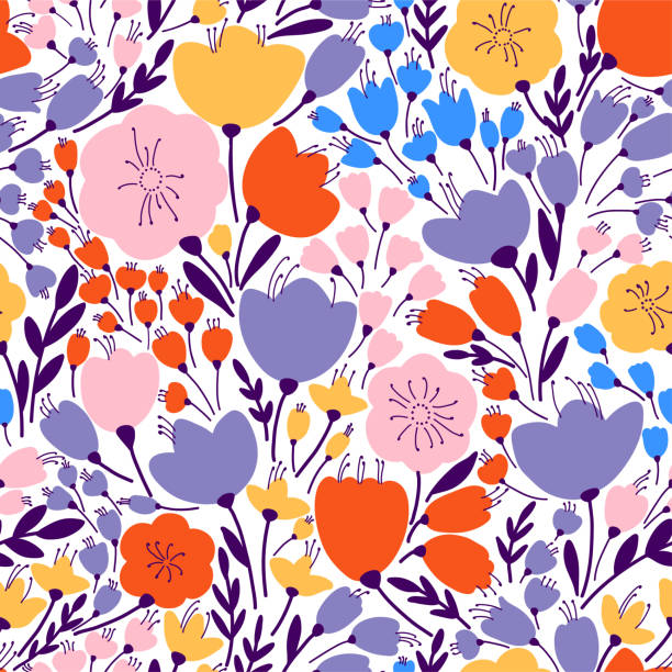 красочный и яркий бесшовный узор с листьями и цветами - bud flower tulip flowers stock illustrations