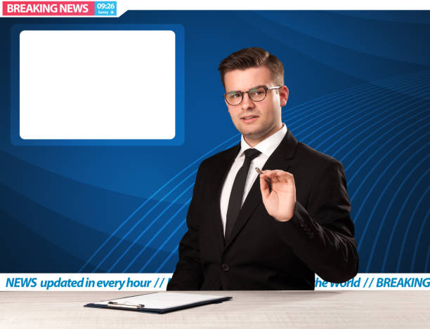 istock Television reporter telling breaking news at his studio desk with copy space 1057973268