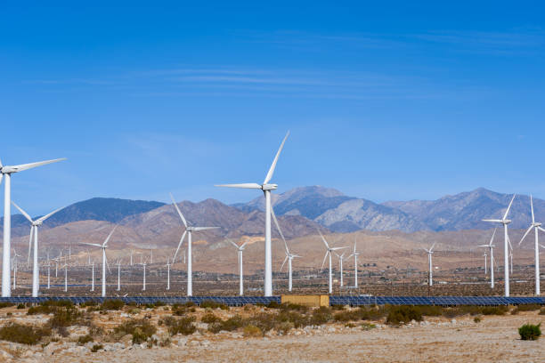 parco eolico e solare nel deserto della california - solar panel wind turbine california technology foto e immagini stock