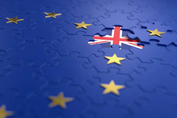 The idea of a 'Brexit' represented via jigsaw puzzle. 3D rendering graphics.