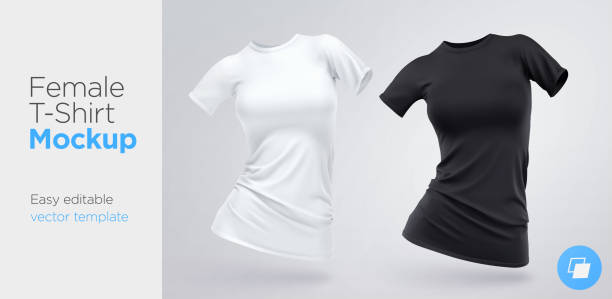 istock Realistic Template Blank White and Black Woman T-shirt Cotton Clothing. Empty Mock Up 1057977474