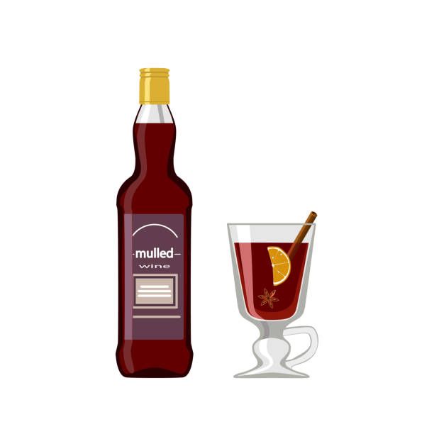 illustrazioni stock, clip art, cartoni animati e icone di tendenza di bottiglia di vin brulè e bicchiere su sfondo bianco - wine champagne bottle mulled wine