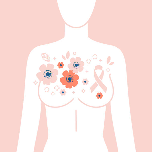 Breast cancer awareness ribbon and flowers. Woman health. Stop cancer. Vector illustration Breast cancer awareness ribbon and flowers. Woman health. Stop cancer. chest torso stock illustrations