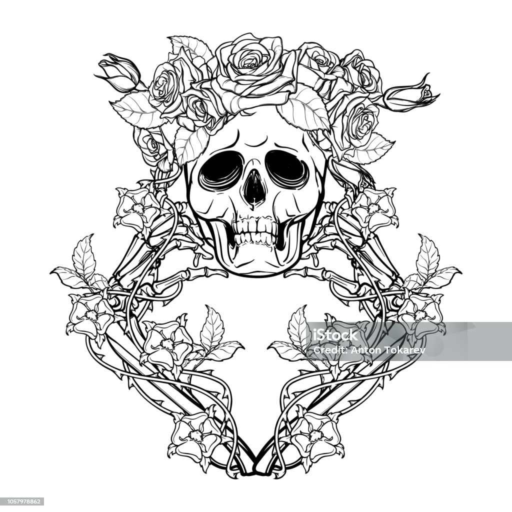 Halloween Santa Muerte. Human skull in a rose wreath and hand bones in dog-rose garlands. Mystical character. Tattoo design. Isolated on white background. Halloween Santa Muerte. Human skull in a rose wreath and hand bones in dog-rose garlands. Mystical character. Tattoo design. Isolated on white background. EPS10 vector illustration Alchemy stock vector