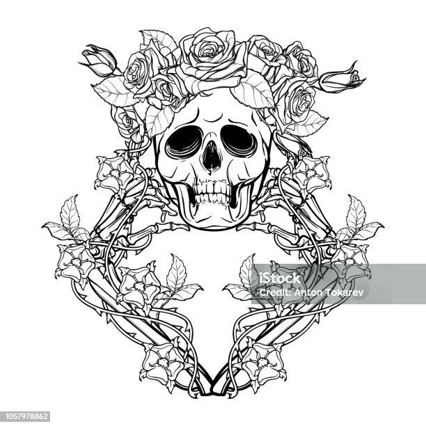 Halloween Santa Muerte Human Skull In A Rose Wreath And Hand Bones In Dogrose Garlands Mystical Character Tattoo Design Isolated On White Background Stock Illustration - Download Image Now