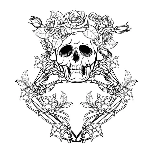 Vector illustration of Halloween Santa Muerte. Human skull in a rose wreath and hand bones in dog-rose garlands. Mystical character. Tattoo design. Isolated on white background.