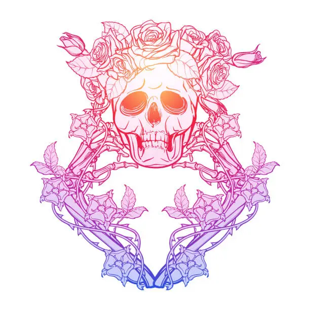 Vector illustration of Halloween Santa Muerte. Human skull in a rose wreath and hand bones in dog-rose garlands.