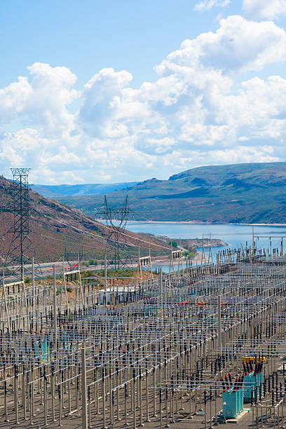 Power distribution substation stock photo