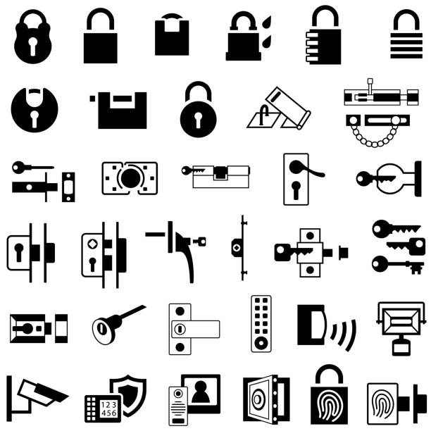 Home Locks and Security Icons Single color icons of house locks and security products. Isolated. door chain stock illustrations