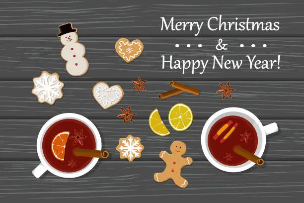 Vector illustration of Two cups of mulled wine and gingirbread on table