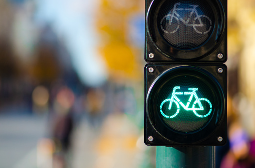 Bicycle traffic signal, green light, road bike, free bike zone or area, bike sharing