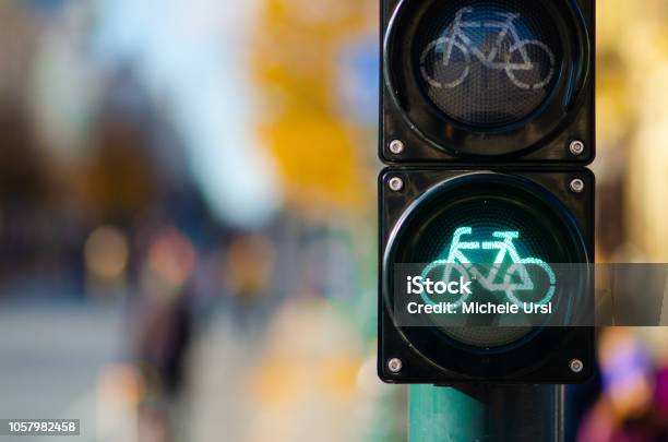 Bicycle Traffic Signal Green Light Road Bike Free Bike Zone Or Area Stock Photo - Download Image Now