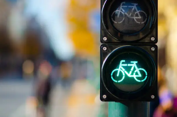 Bicycle traffic signal, green light, road bike, free bike zone or area, bike sharing
