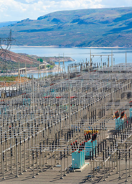 Power distribution substation stock photo