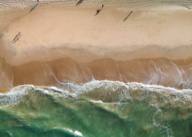 istock Top view of a tropical beach, waves over sand, people walking 1057990148