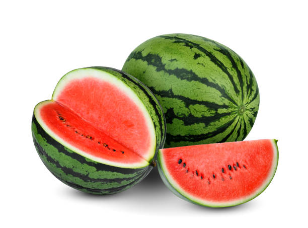 istock whole and half  watermelon with slice isolated on white background 1057994756