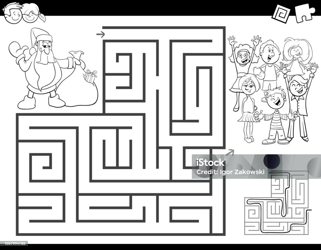 maze color book with Santa Claus Black and White Cartoon Illustration of Education Maze or Labyrinth Activity Game for Children with Santa Claus Coloring Book Christmas stock vector