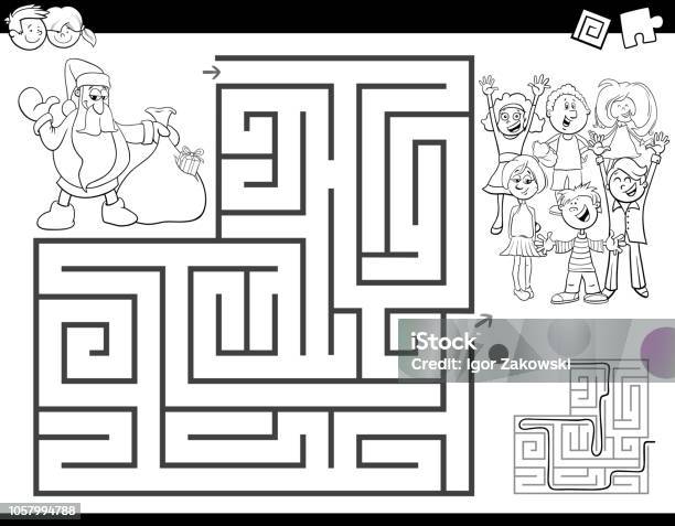 Maze Color Book With Santa Claus Stock Illustration - Download Image Now - Christmas, Coloring Book Page - Illlustration Technique, Black And White