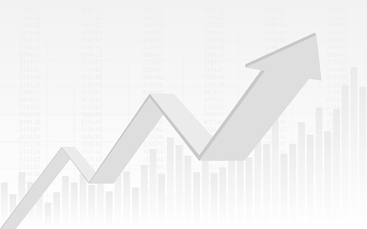 abstract financial chart with 3d uptrend line graph arrow and numbers in stock market on gradient white color background