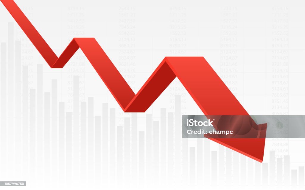 Resumo financeiro gráfico com gráfico de linha de tendência de baixa 3d cor vermelha e números no mercado de ações em fundo gradiente cor branca - Vetor de Mover para baixo royalty-free