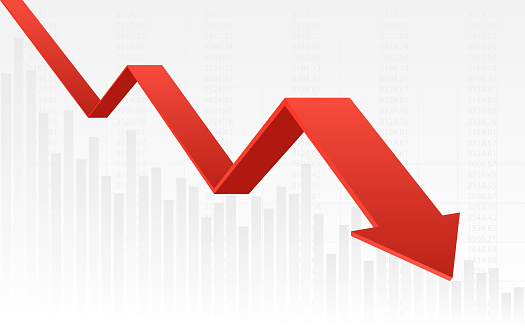 abstract financial chart with red color 3d downtrend line graph and numbers in stock market on gradient white color background