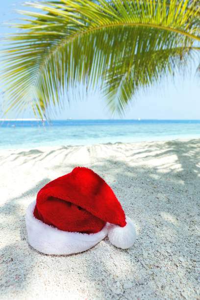 istock Santa Claus hat on perfect tropical beach 1058001306