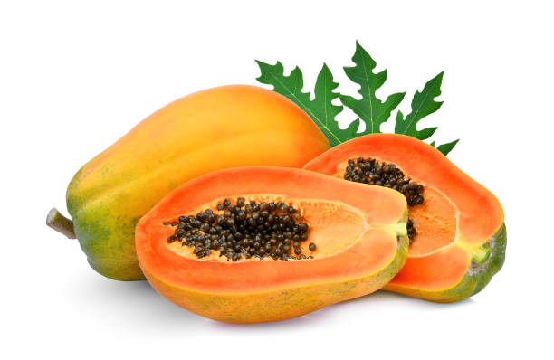 istock whole and half ripe papaya with leaf isolated on white background 1058004342