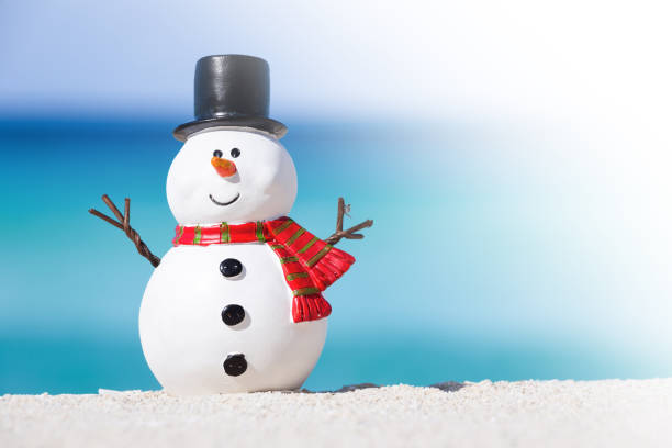 istock Snowman toy at white sandy beach on Caribbean sea background 1058005658