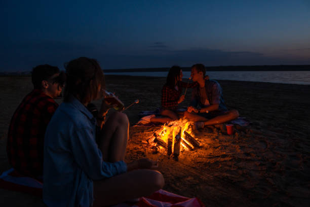 istock young friends have picnic with bonfire on the beach 1058014816