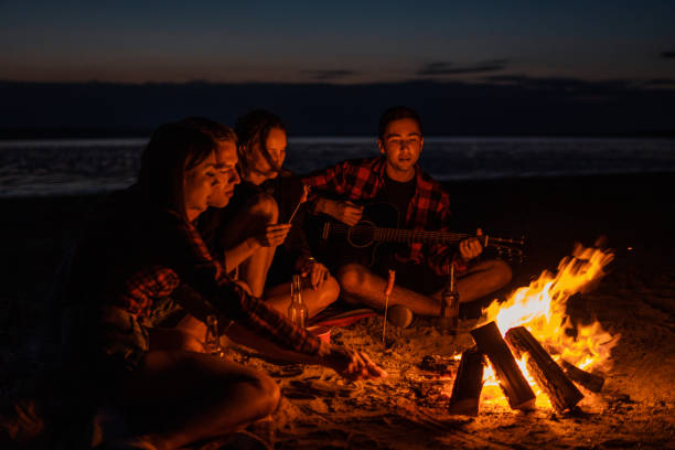 istock young friends have picnic with bonfire on the beach 1058015028