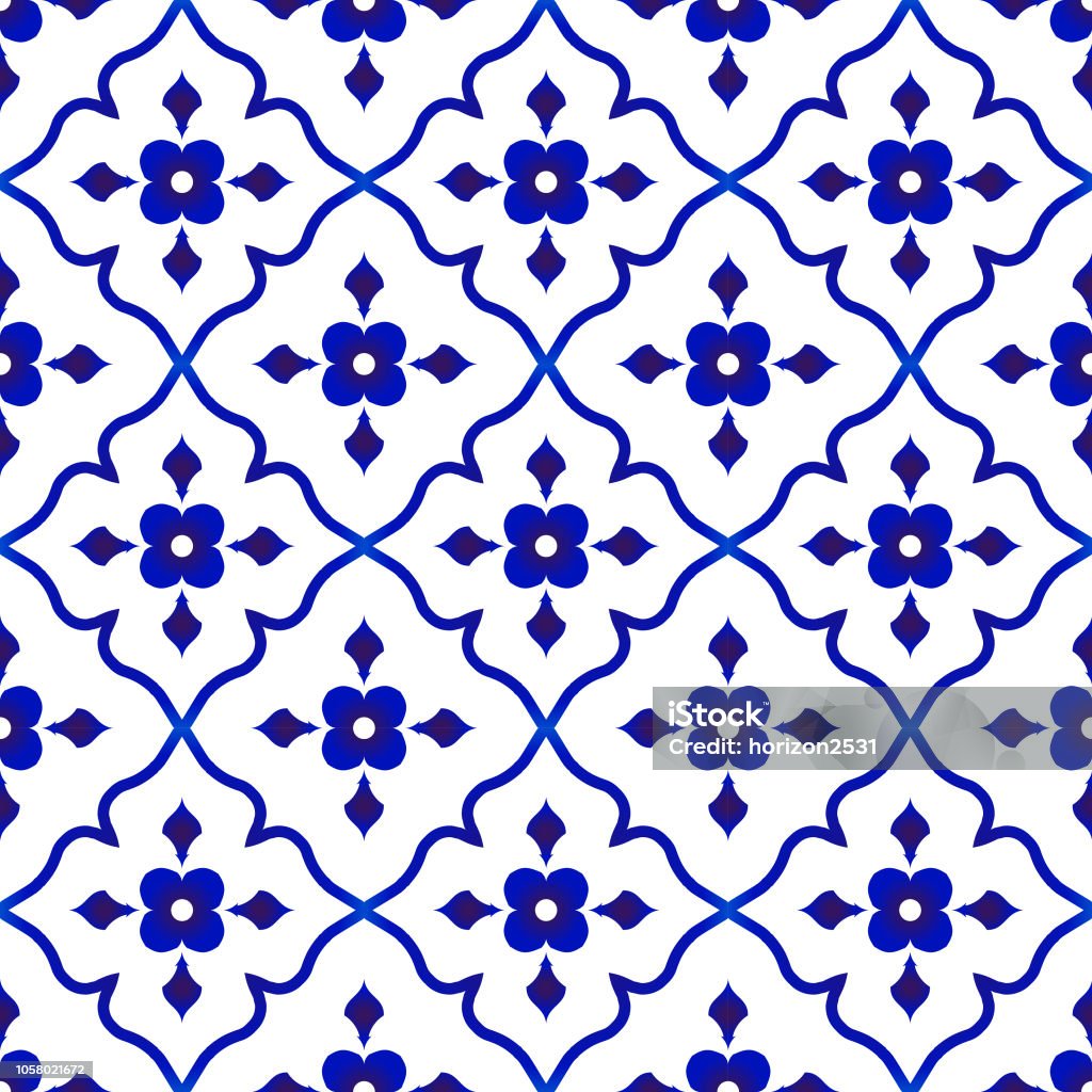 flower tile pattern tile pattern, Porcelain flower background design, cute ceramic floral blue and white seamless decor vector illustration Pattern stock vector