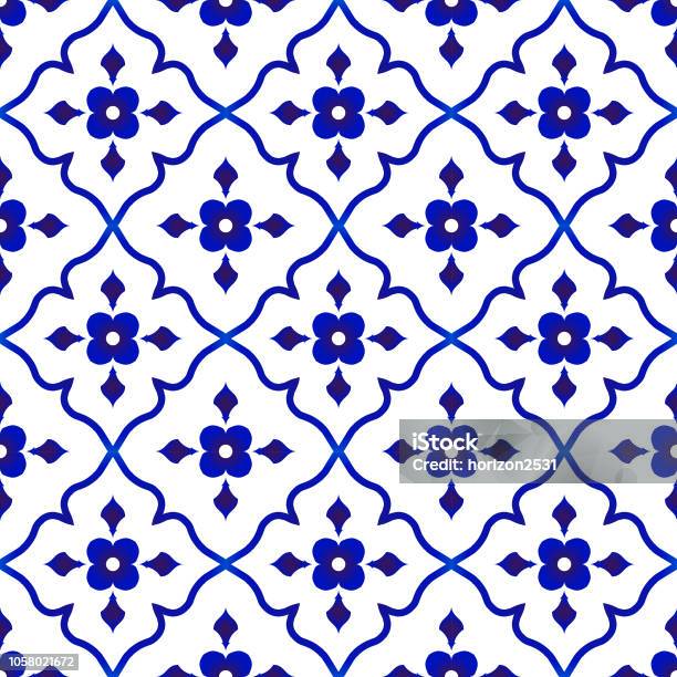 Flower Tile Pattern Stock Illustration - Download Image Now - Pattern, Tiled Floor, Blue