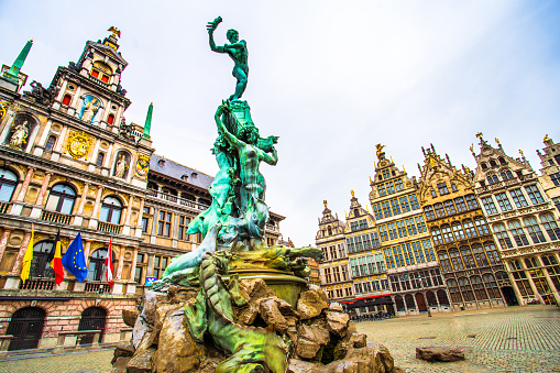 Fountain statue of Brabo throwing the severed hand of Antigoon into the Scheldt river on the Grote Markt (Main Square)