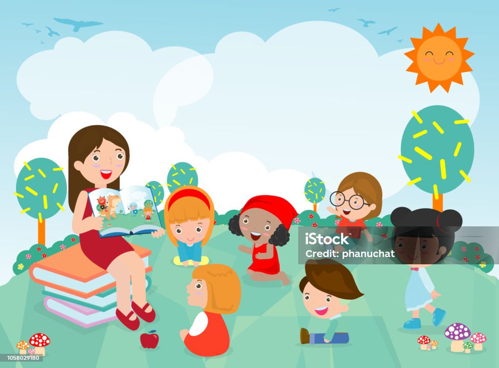 Teacher telling a story to nursery children in the garden, cute Kids Listening to Their teacher Tell a Story, teacher reading books for child in the kindergarten. Vector Illustration Fairy Tale stock vector