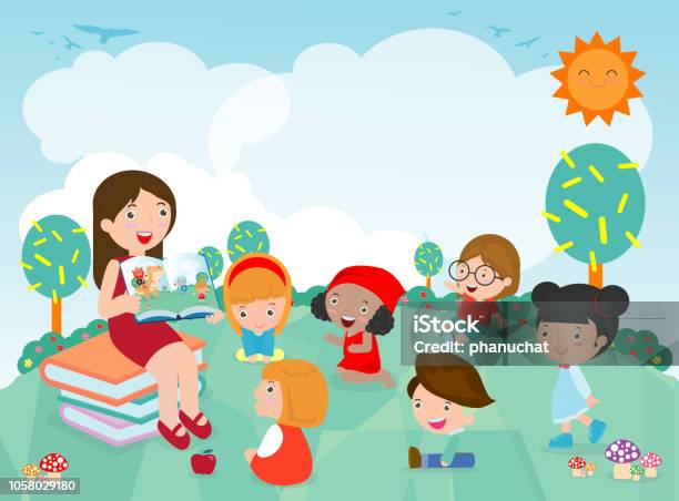 Teacher Telling A Story To Nursery Children In The Garden Cute Kids Listening To Their Teacher Tell A Story Teacher Reading Books For Child In The Kindergarten Vector Illustration Stock Illustration - Download Image Now