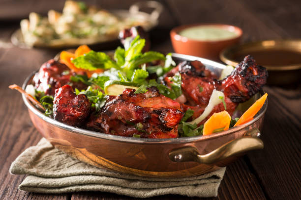 Tandoori Chicken Tandoori Chicken with Naan Bread serving dish stock pictures, royalty-free photos & images