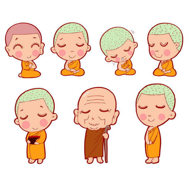 buddyjscy mnisi siedzący w medytacji. buddyjski mnich charakter, buddyjski monk kreskówka, zestaw monk, dziecko początkujący młody dorosły i starszy. urocza kreskówka tybetańskich mnichów ilustracja wektorowa - old senior adult buddhism art stock illustrations