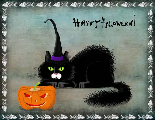 Photo of Halloween Card Black Cat With Witch Hat On Black Background