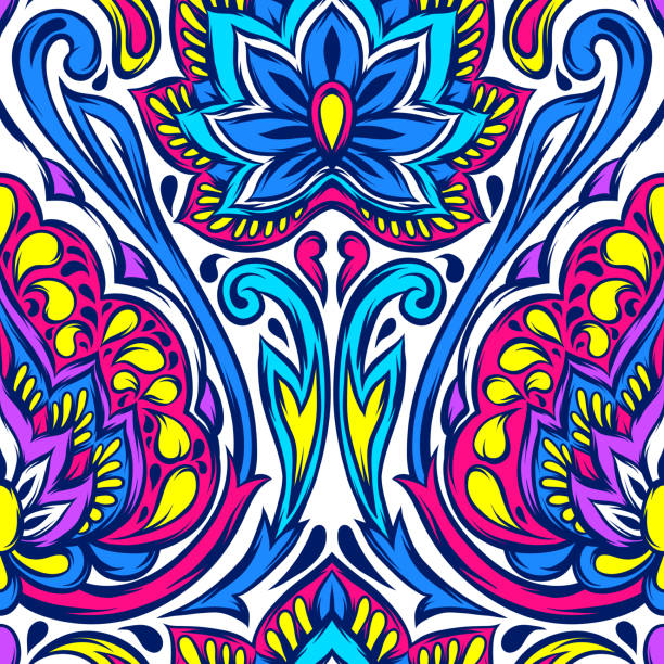 인도 민족 완벽 한 패턴입니다. - textile blue leaf paisley stock illustrations