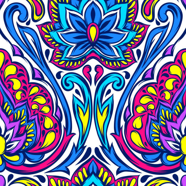 ilustrações, clipart, desenhos animados e ícones de padrão sem emenda étnico indiano. - textile blue leaf paisley