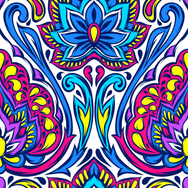 Indian ethnic seamless pattern. Indian ethnic seamless pattern. Ethnic folk ornament. Hand drawn lotus flower and paisley. tattoo seamless texture stock illustrations