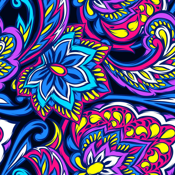 Indian ethnic seamless pattern. Indian ethnic seamless pattern. Ethnic folk ornament. Hand drawn lotus flower and paisley. tattoo seamless texture stock illustrations