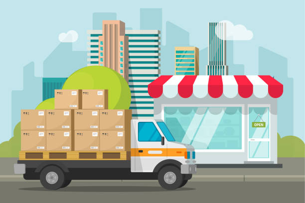 ilustrações de stock, clip art, desenhos animados e ícones de delivery truck loaded with parcel boxes near store vector illustration, concept of shipping packages from shop building, retail courier van on city street and boutique storefront flat cartoon clipart - fachada loja