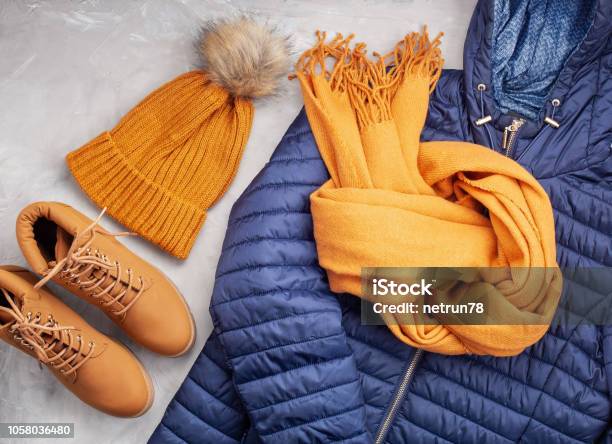 Flat Lay With Comfort Warm Outfit For Cold Weather Comfortable Autumn Winter Clothes Shopping Sale Style In Trendy Colors Idea Stock Photo - Download Image Now