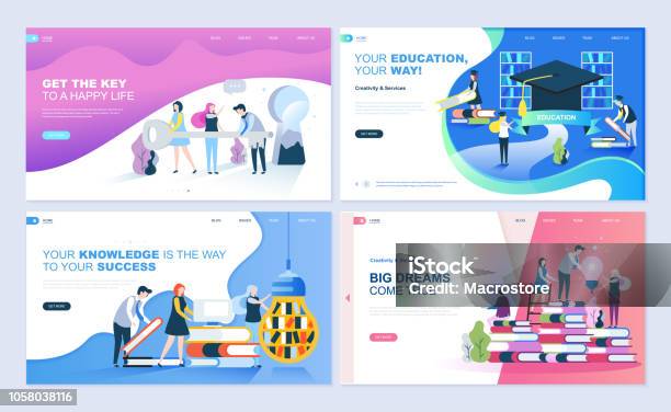 Set Of Landing Page Template For Education Know How University Business Solutions Stock Illustration - Download Image Now